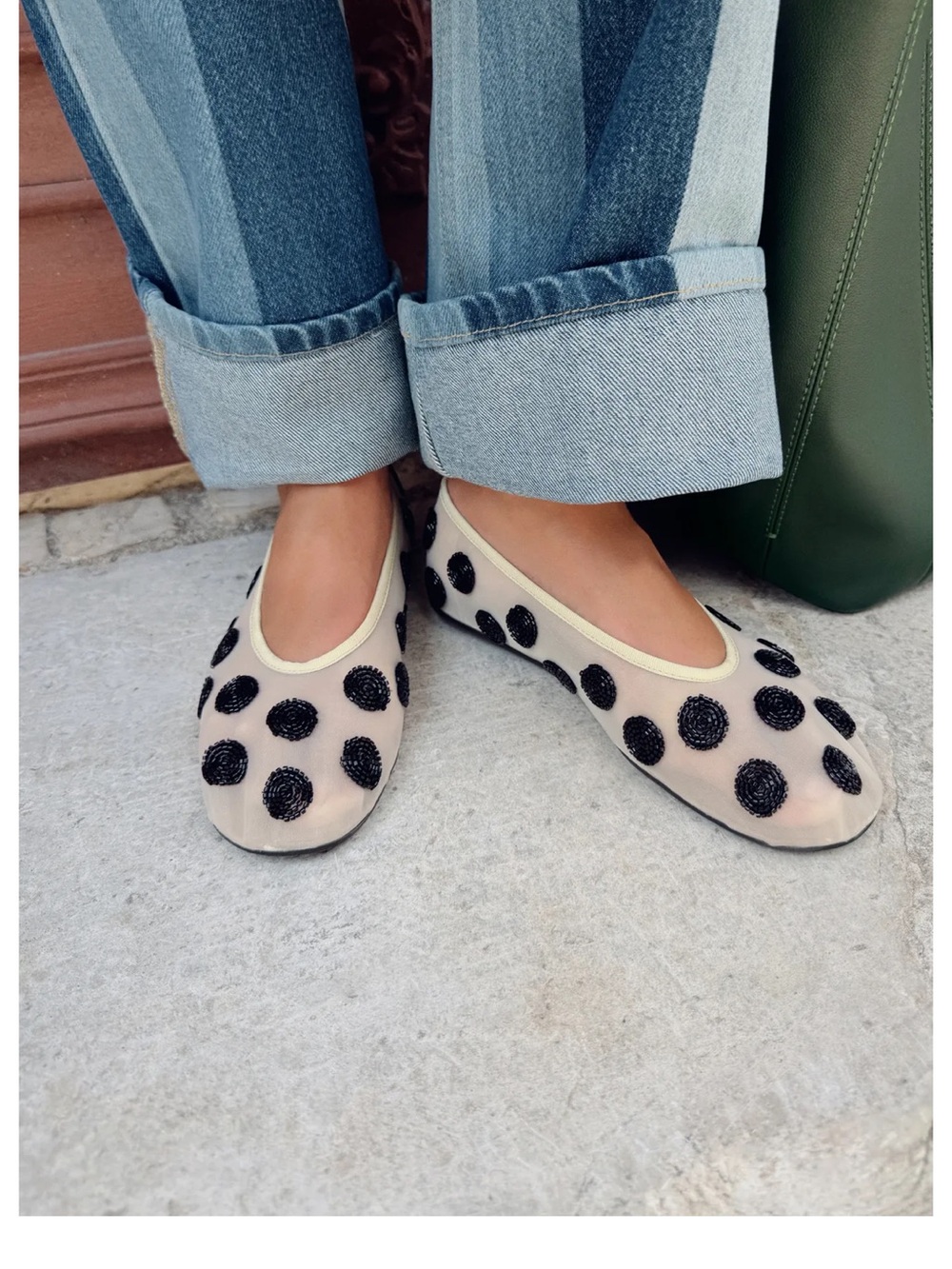 Zara Mesh Ballet Flats with Black Beaded Polka Dots